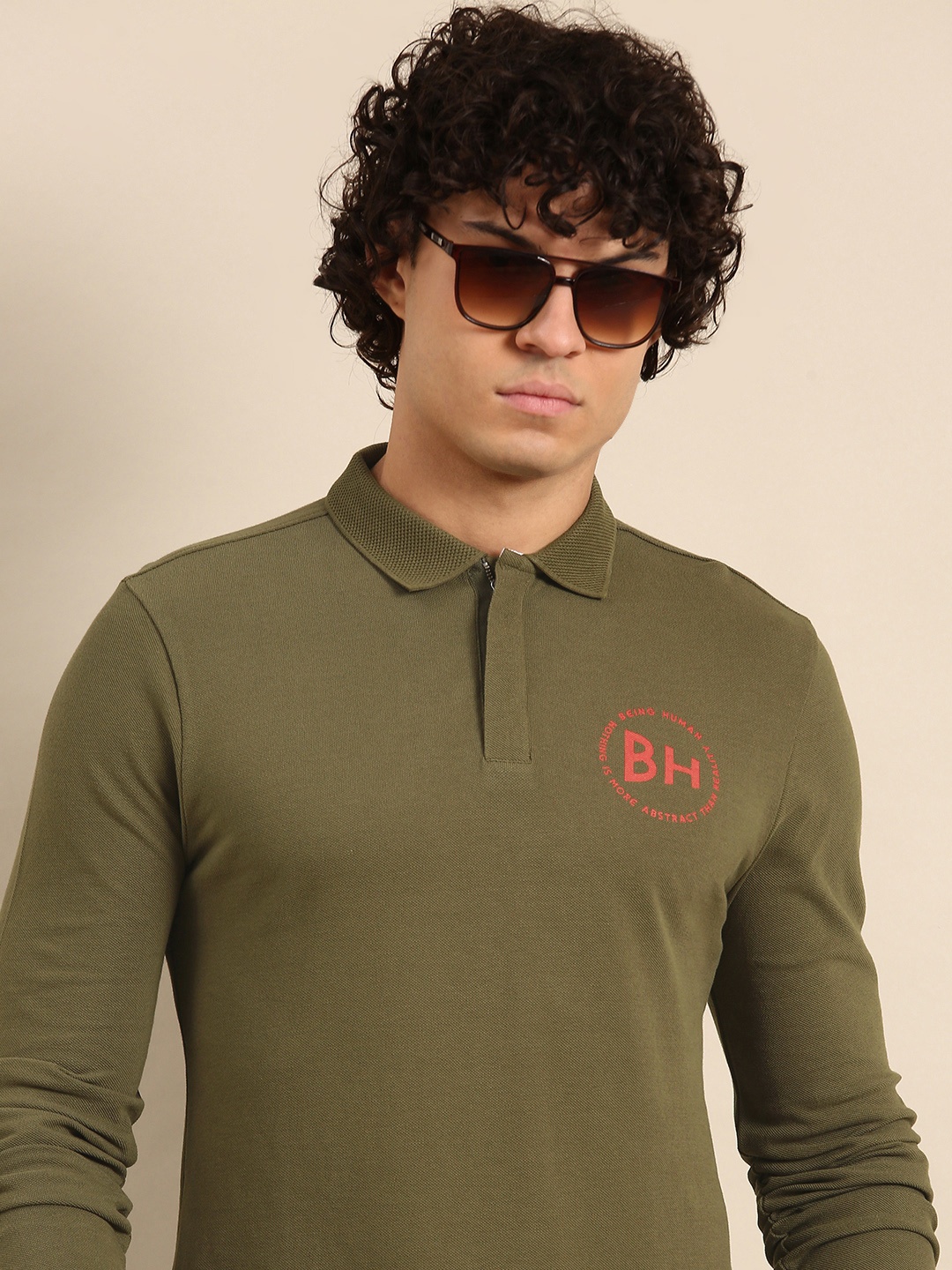 

Being Human Men Pure Cotton Polo Collar T-shirt, Olive