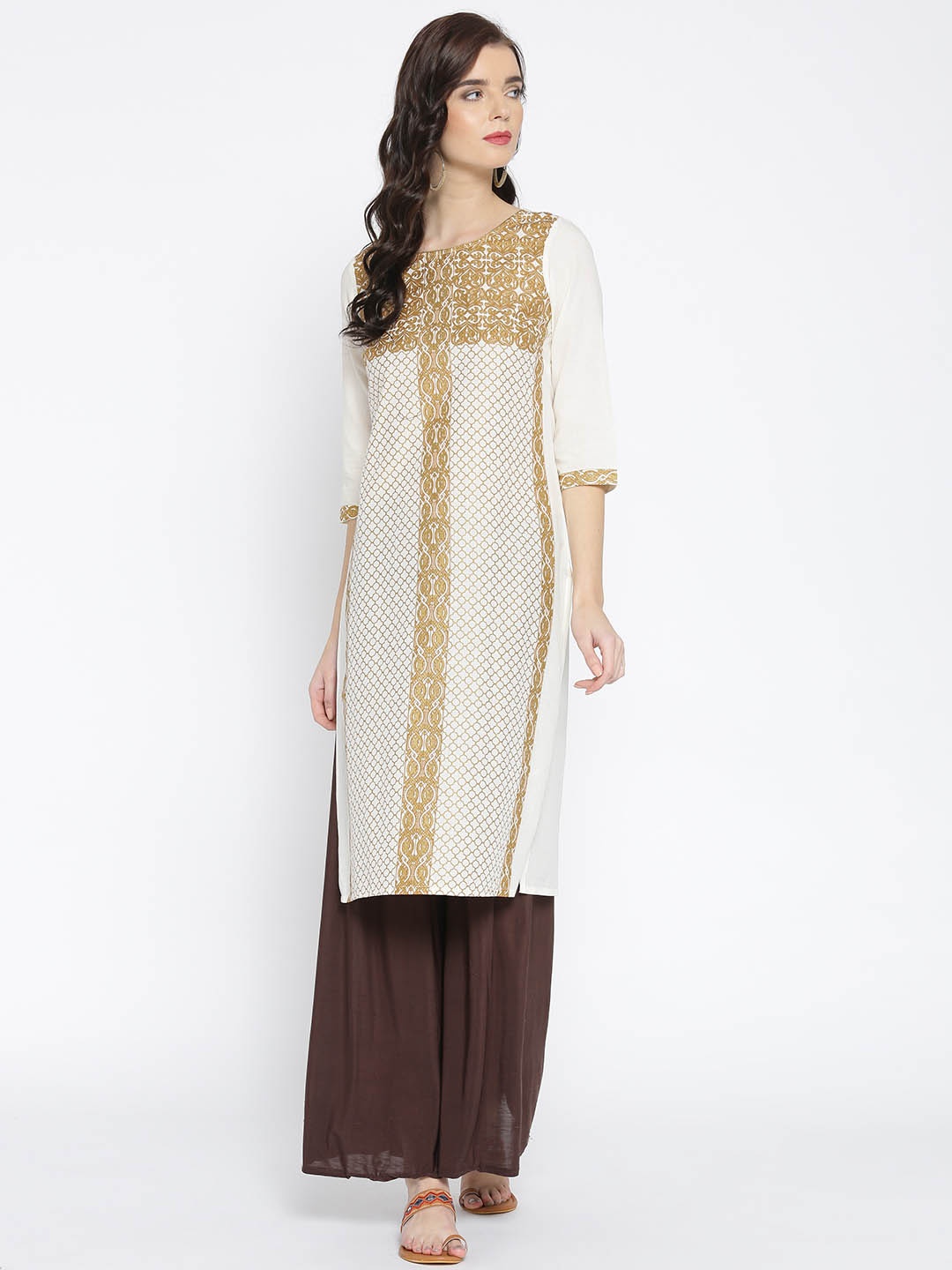 

AURELIA Women Off-White & Golden Printed Straight Kurta