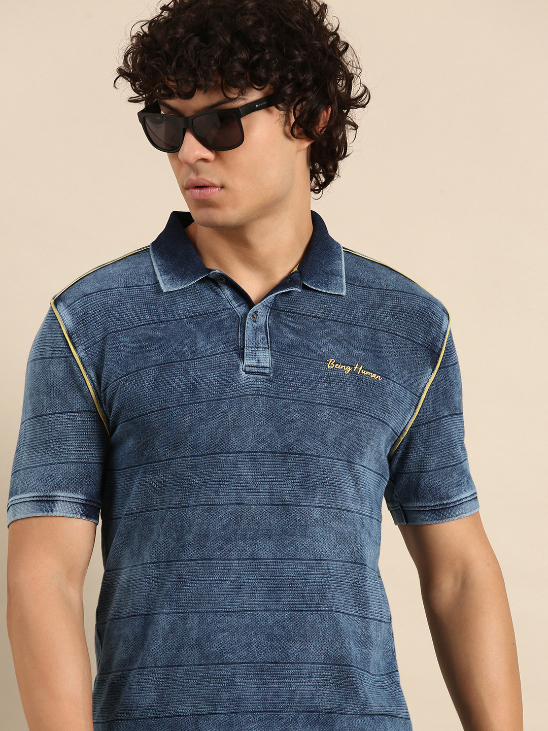 

Being Human Polo Collar Self-Striped Pure Cotton T-shirt, Blue