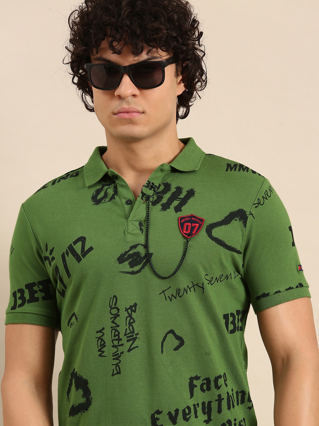 Being Human Brand Logo Printed Polo Collar Pure Cotton T-shirt, Green