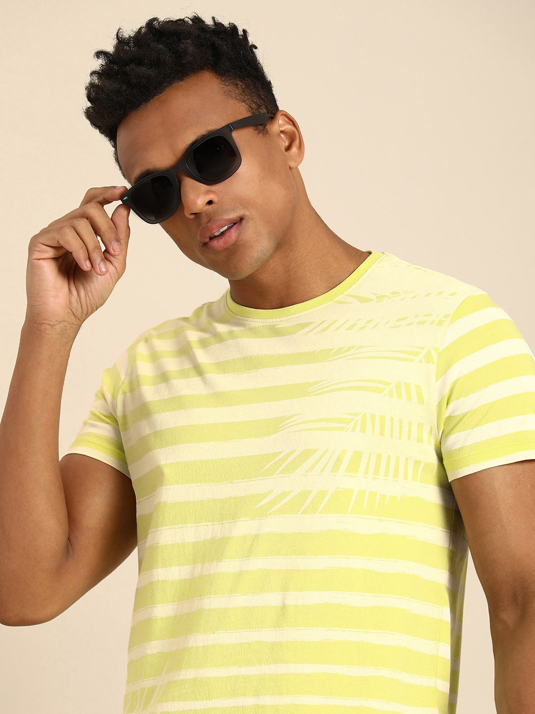 

Being Human Men Lime Green & Off White Striped Pure Cotton T-shirt