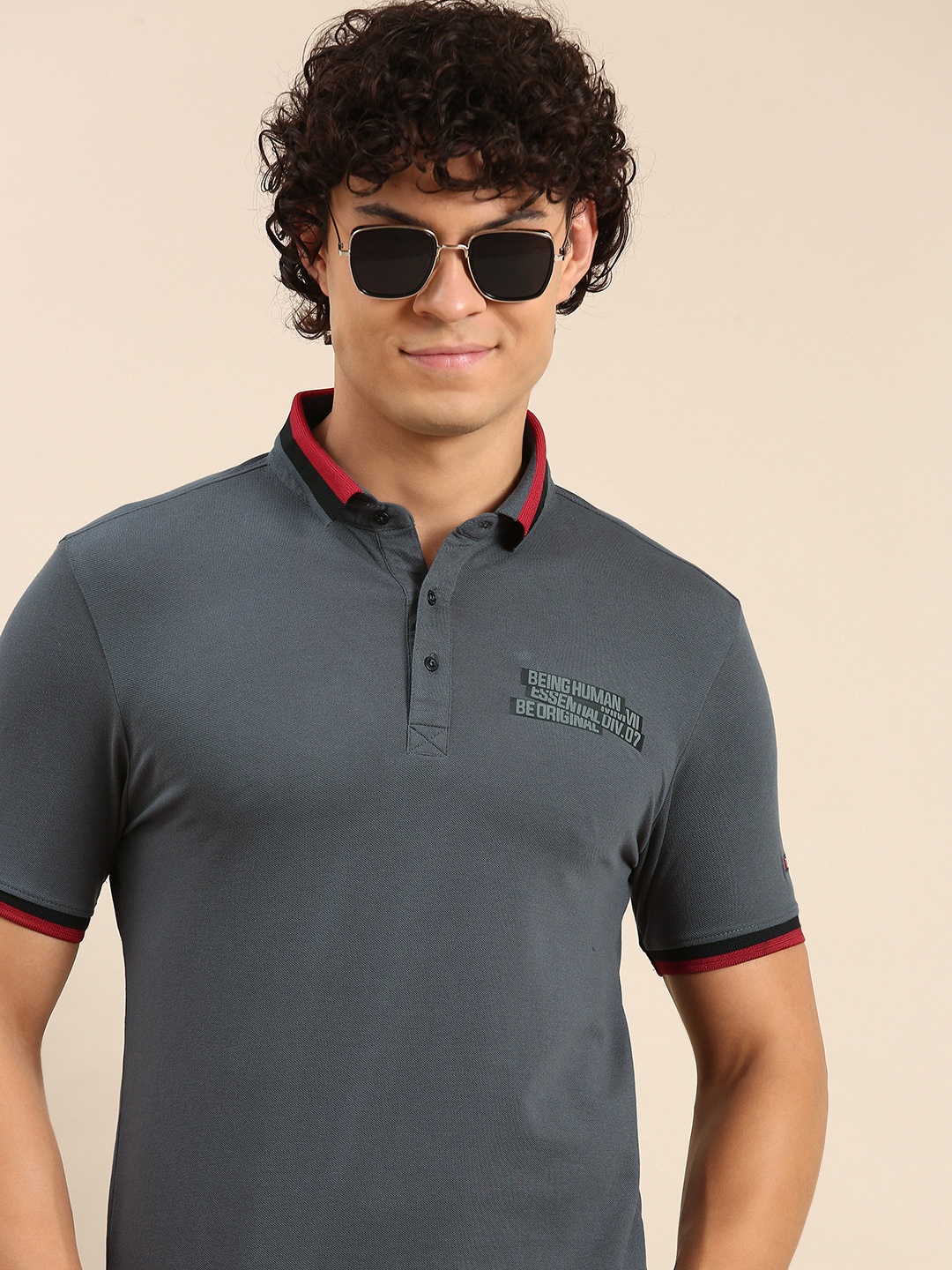 

Being Human Contrast Polo Collar T-shirt, Charcoal