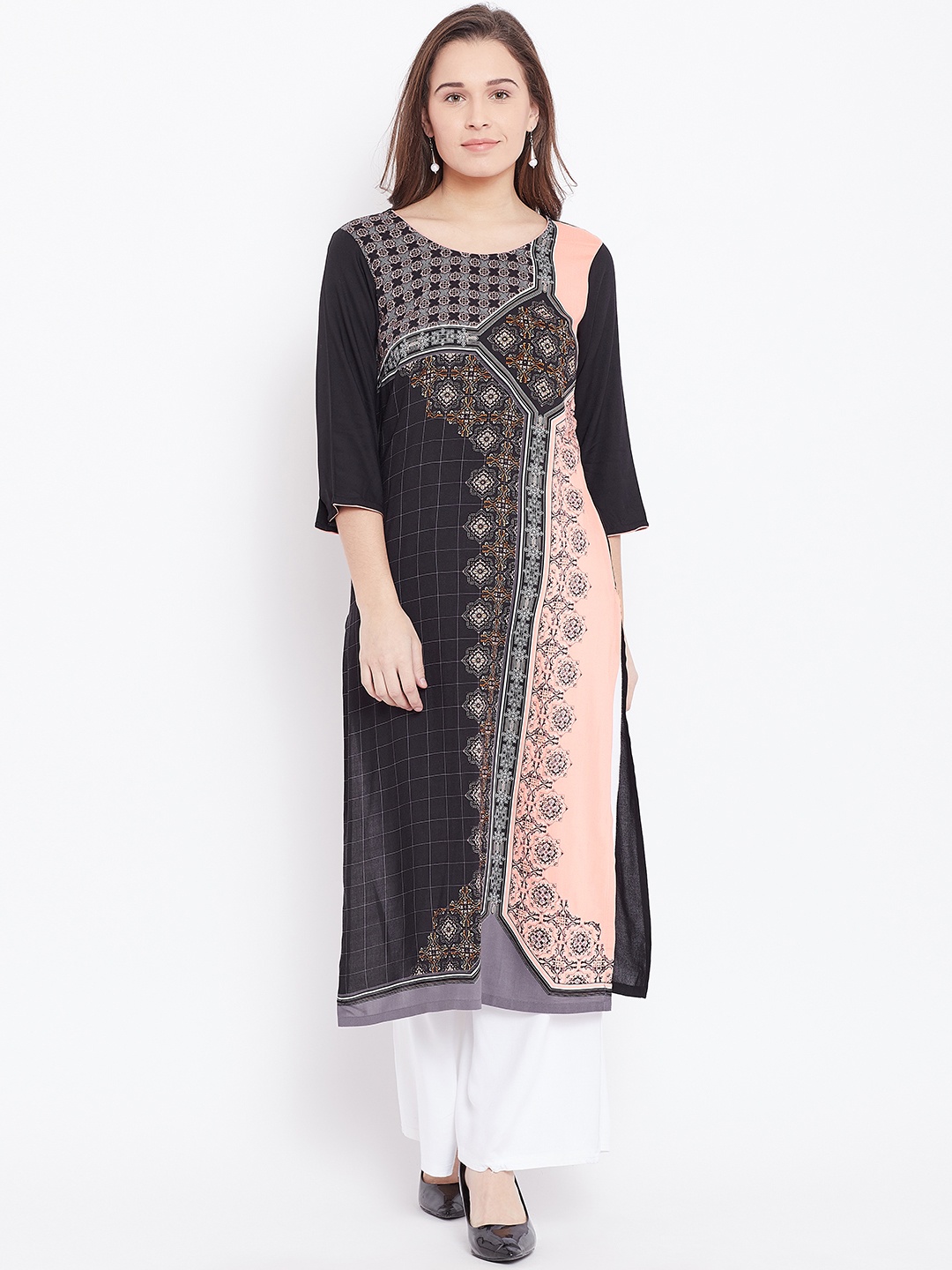 

AURELIA Women Black & Peach-Coloured Printed Straight Kurta