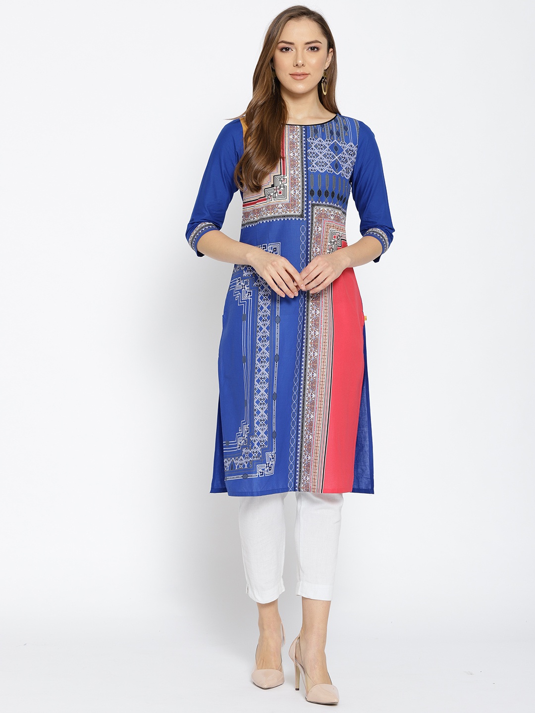 

AURELIA Women Blue & Pink Printed Straight Kurta