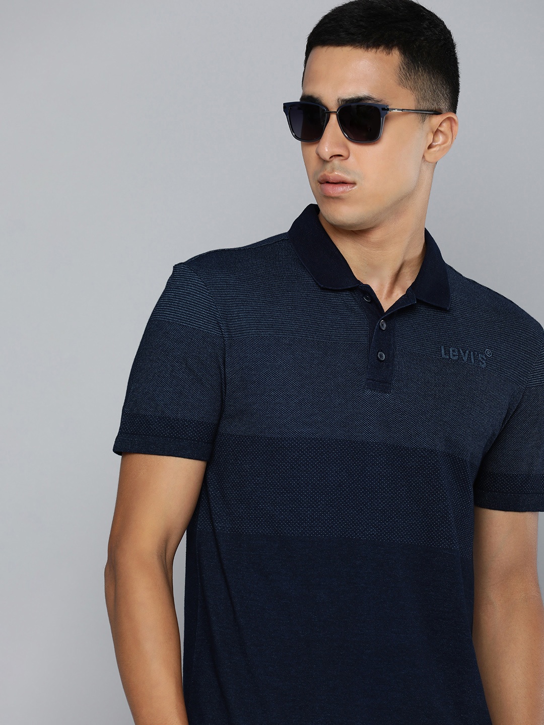 

Levis Men Self Design Polo Collar T-shirt, Navy blue