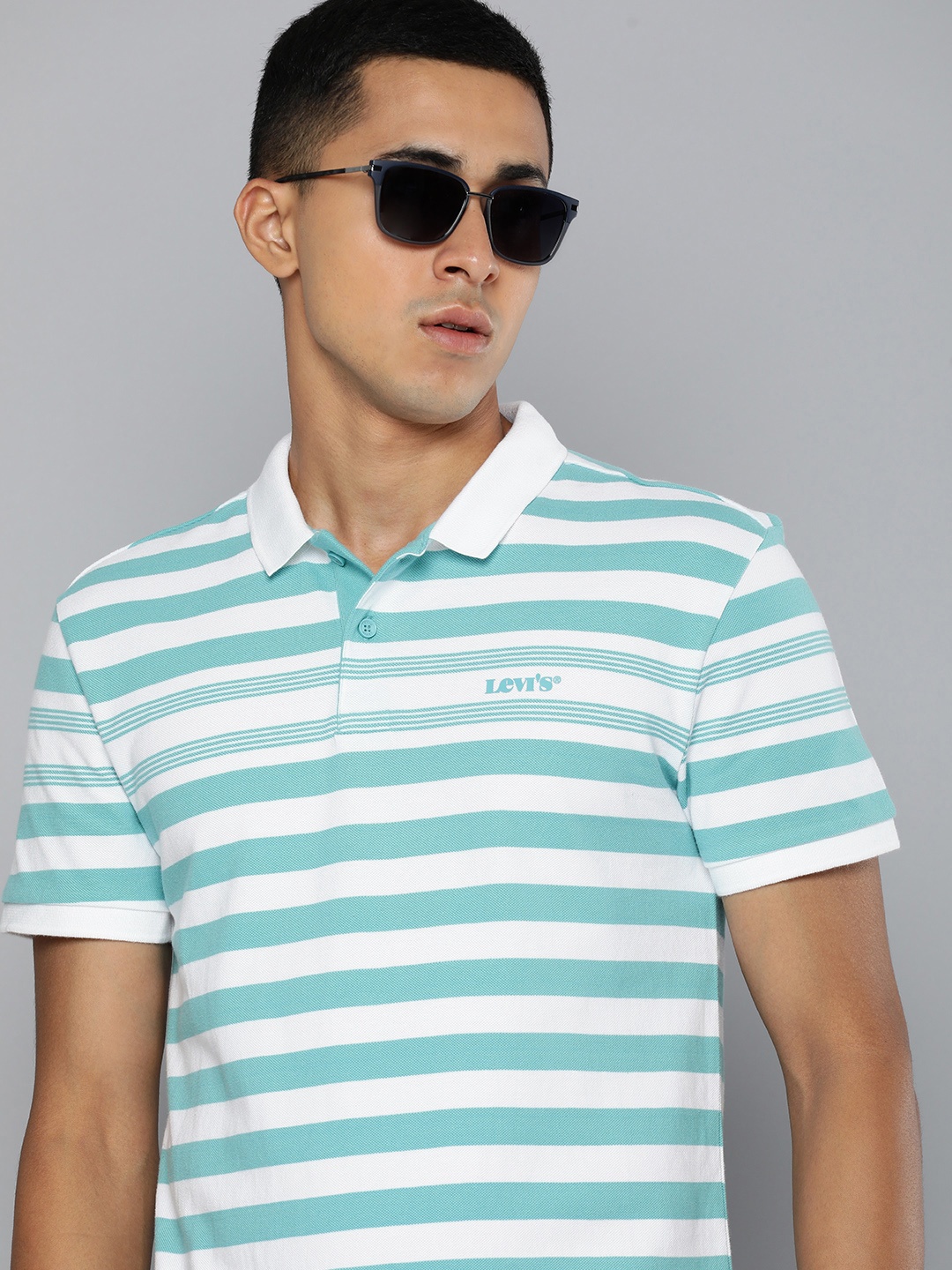 

Levis Men Pure Cotton Striped Polo Collar T-shirt, White