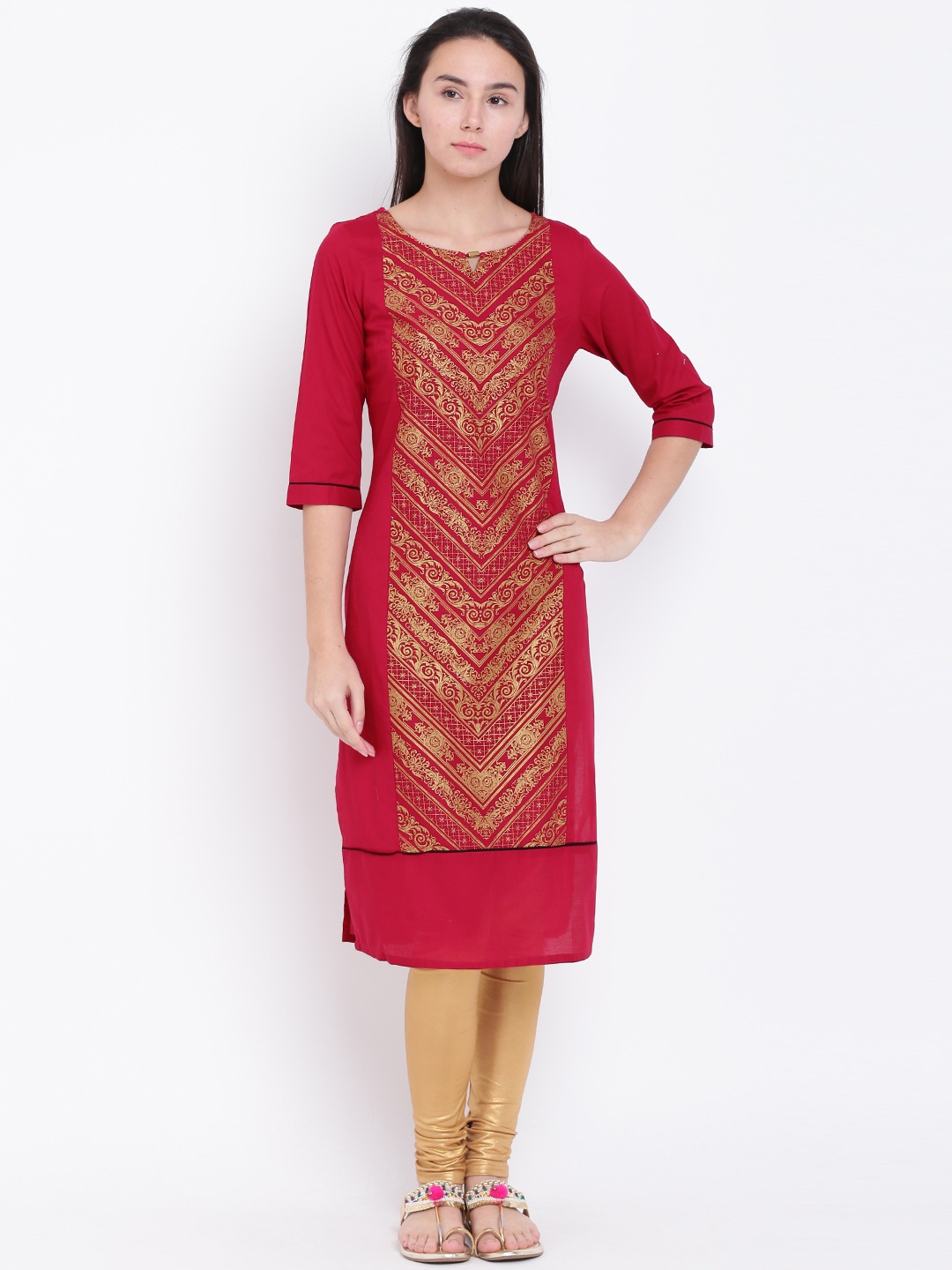 

AURELIA Women Red & Golden Printed Straight Kurta
