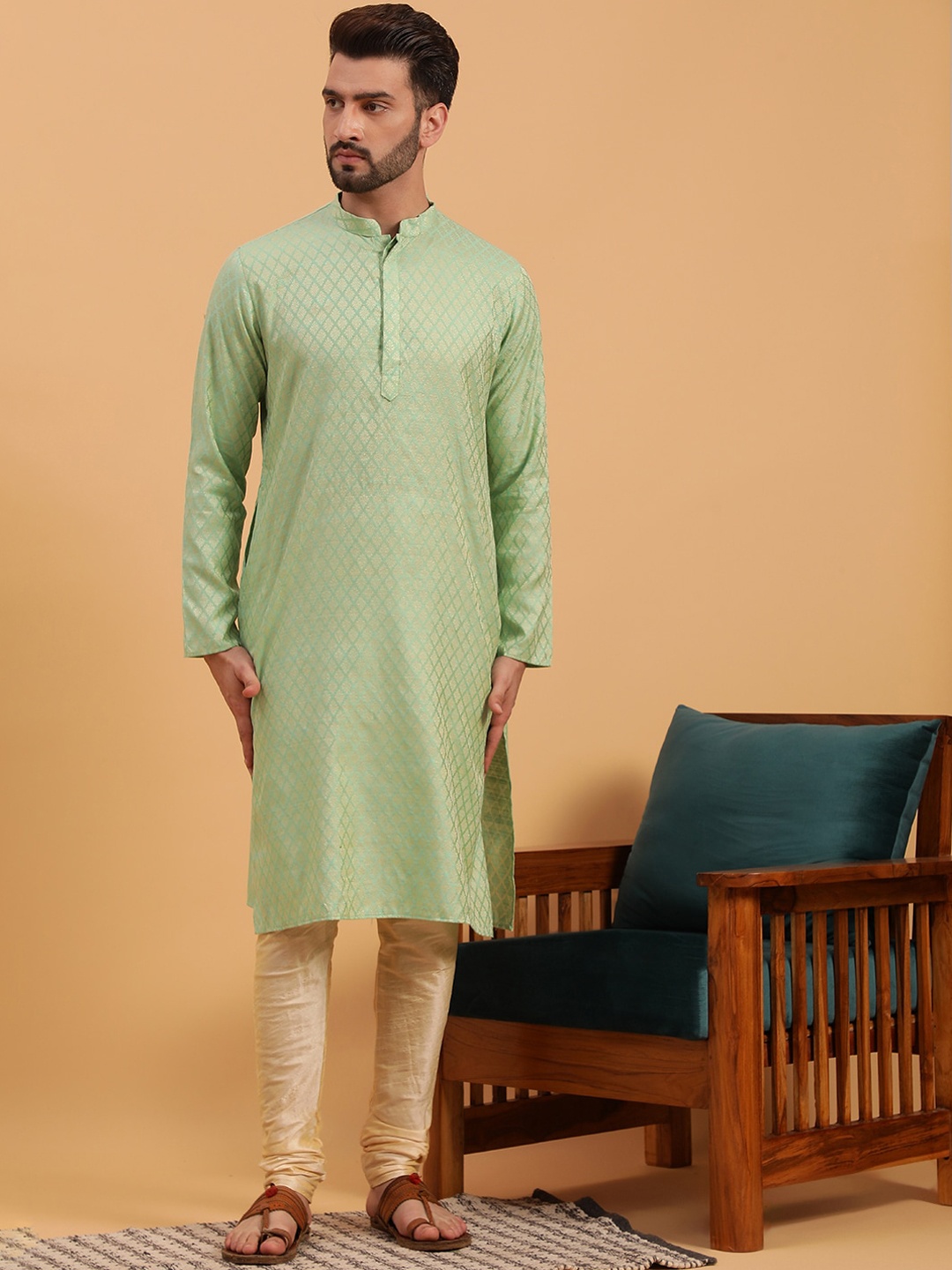 

NAMASKAR Ethnic Motif Woven Design Mandarin Collar Pure Silk Kurta, Sea green