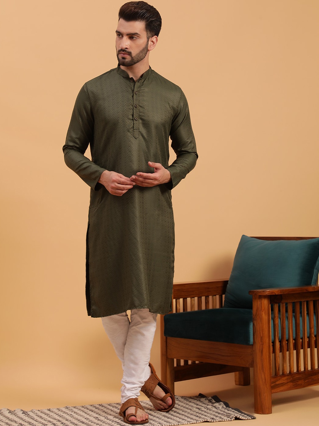 

NAMASKAR Ethnic Motif Woven Design Mandarin Collar Pure Cotton Kurta, Olive