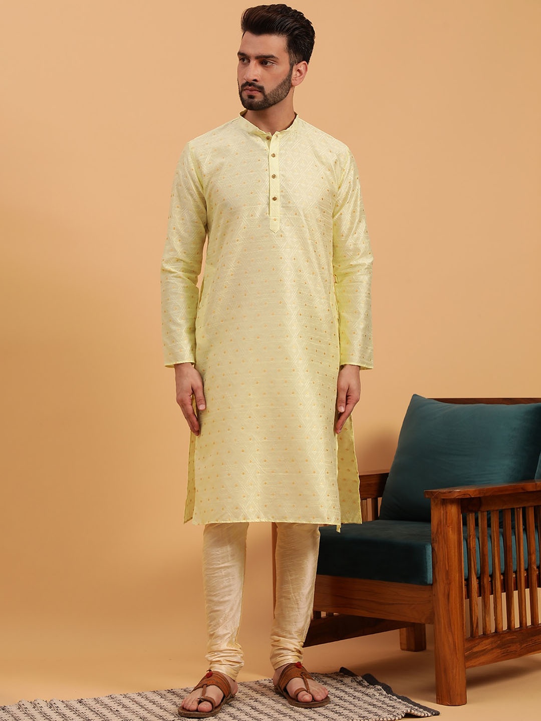 

NAMASKAR Ethnic Motif Woven Design Mandarin Collar Pure Silk Kurta, Yellow