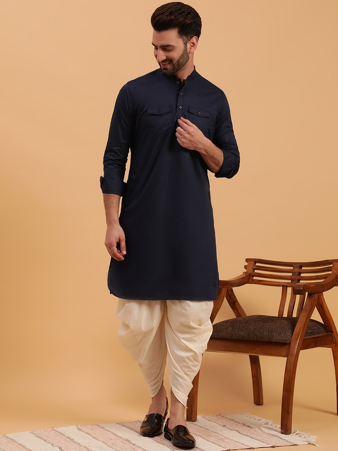 

NAMASKAR Mandarin Collar Pure Cotton Pathani Kurta, Navy blue