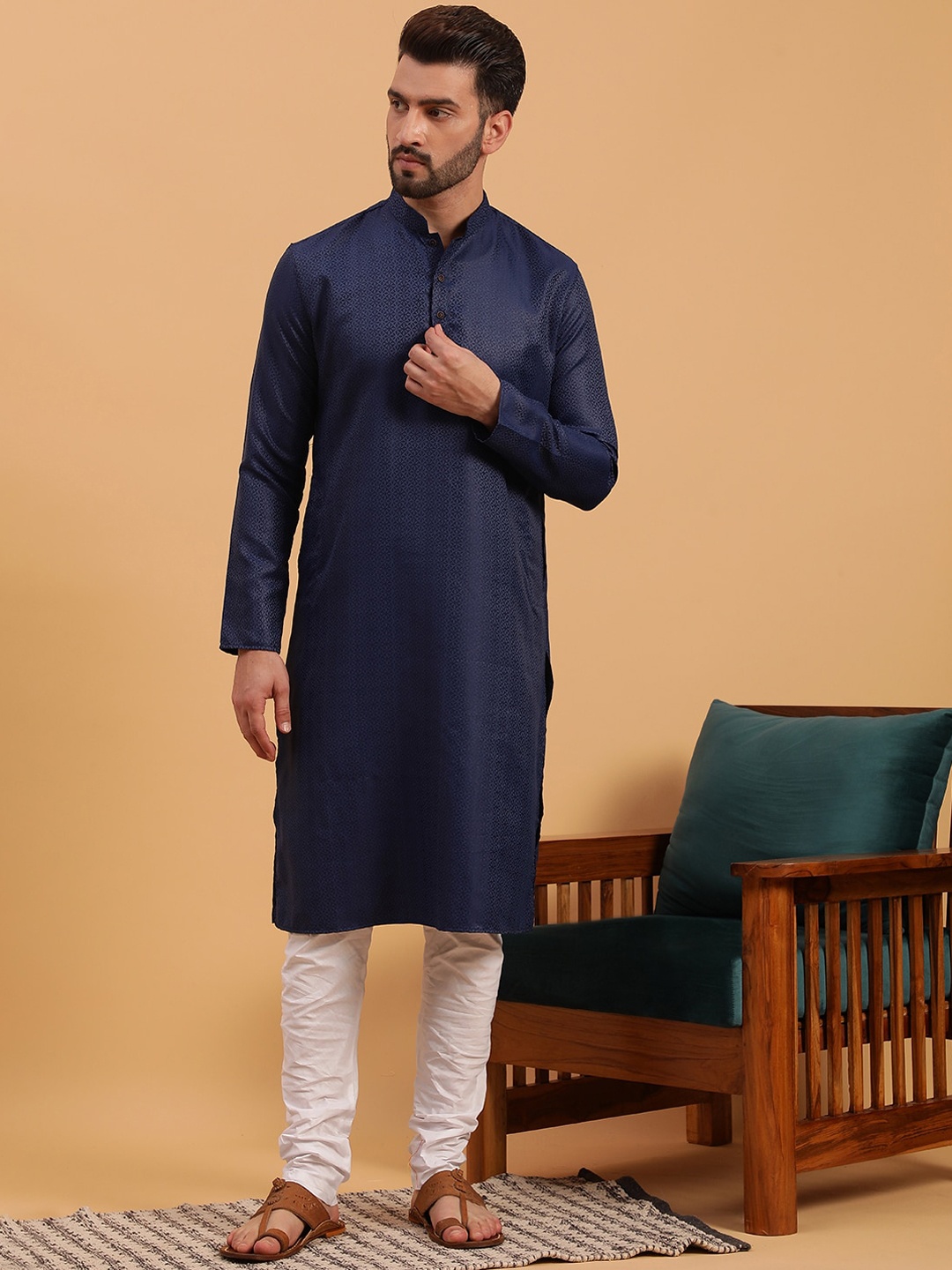 

NAMASKAR Ethnic Motif Woven Design Mandarin Collar Pure Cotton Kurta, Navy blue