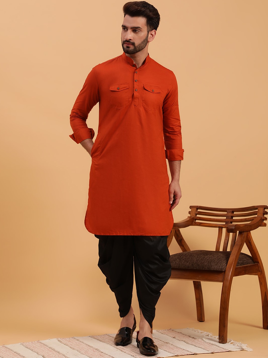 

NAMASKAR Mandarin Collar Pure Cotton Pathani Kurta, Red