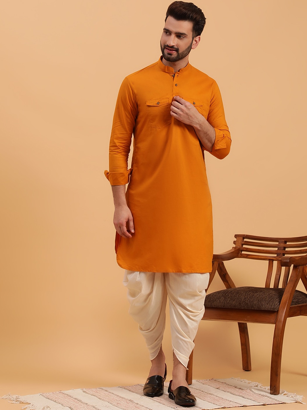 

NAMASKAR Mandarin Collar Pure Cotton Pathani Kurta, Orange