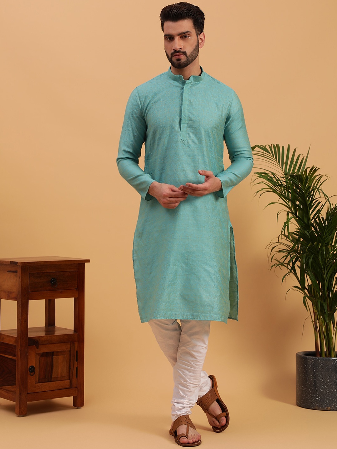 

NAMASKAR Ethnic Motif Woven Design Mandarin Collar Pure Cotton Kurta, Turquoise blue