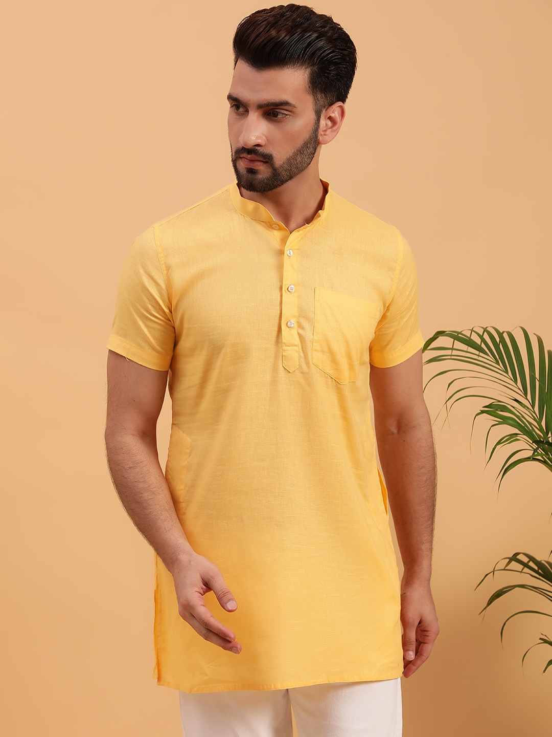 

NAMASKAR Mandarin Collar Pure Cotton Kurta, Yellow