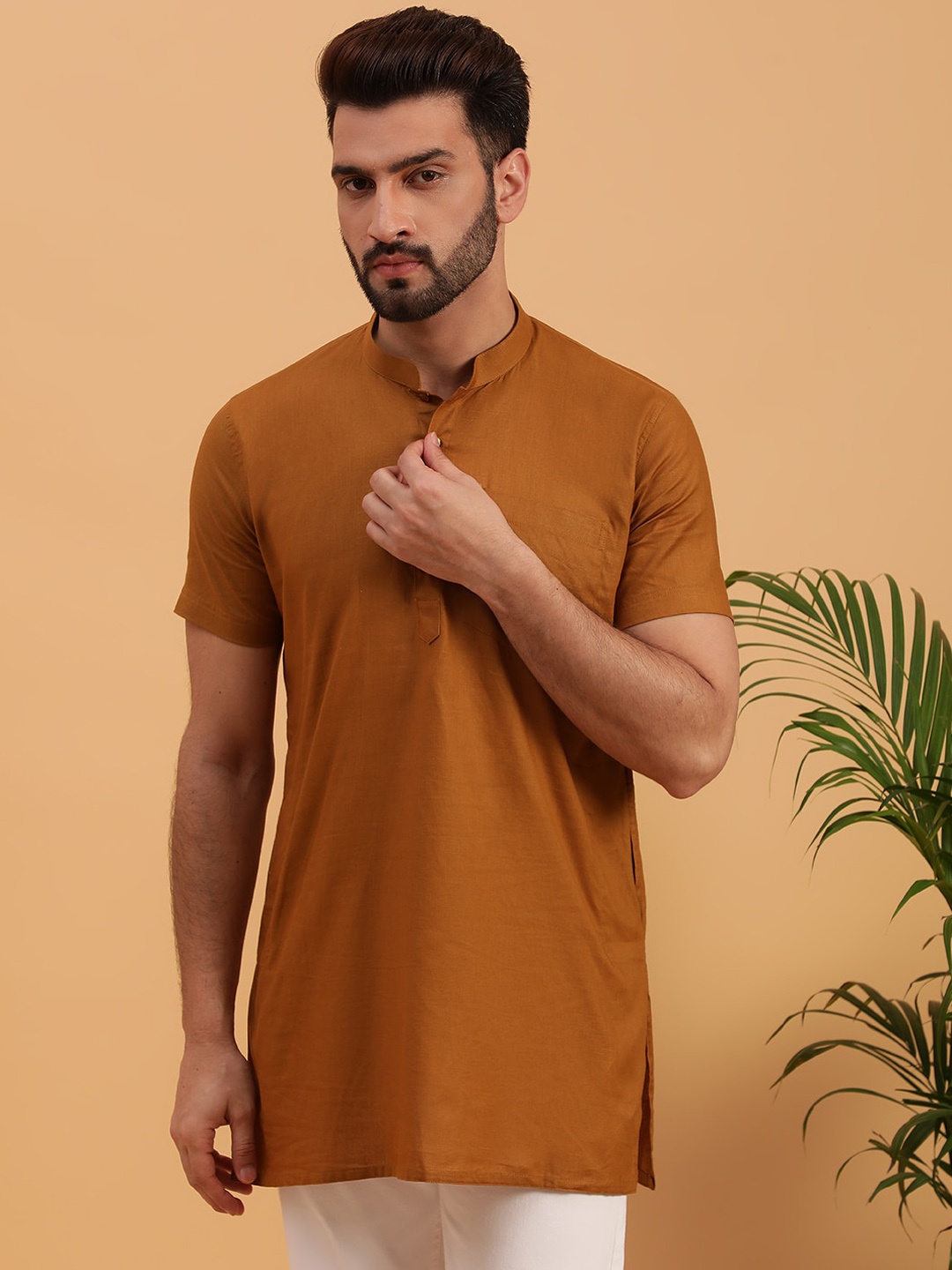 

NAMASKAR Mandarin Collar Pure Cotton Kurta, Brown