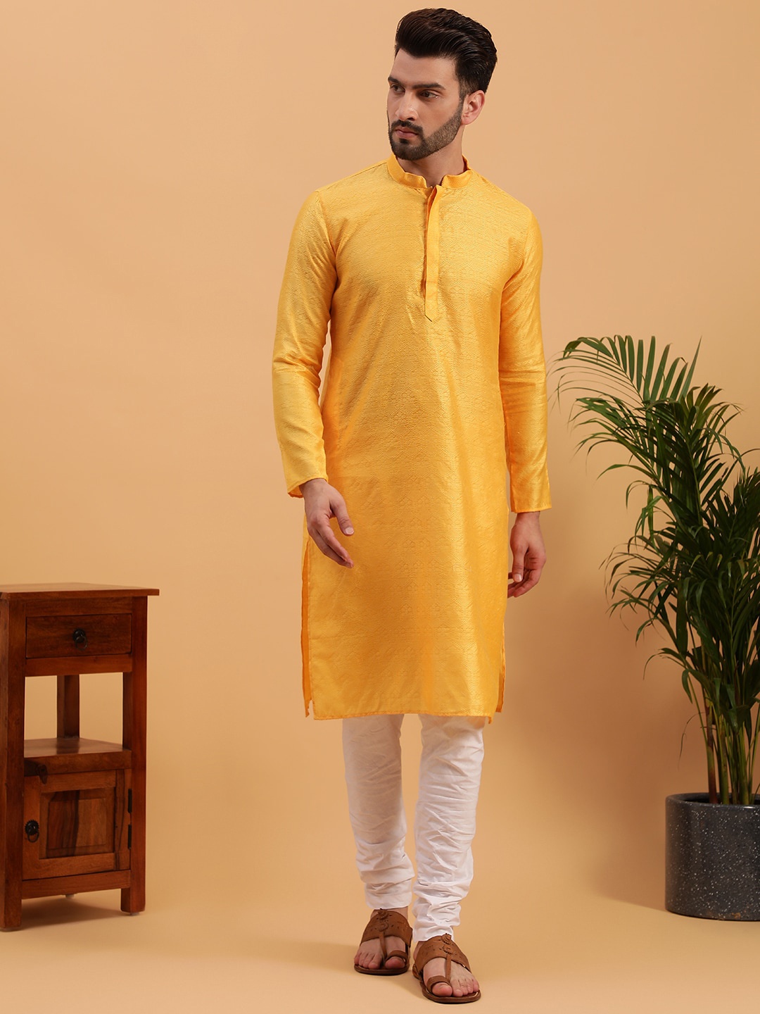

NAMASKAR Ethnic Motifs Woven Design Cotton Kurta, Yellow
