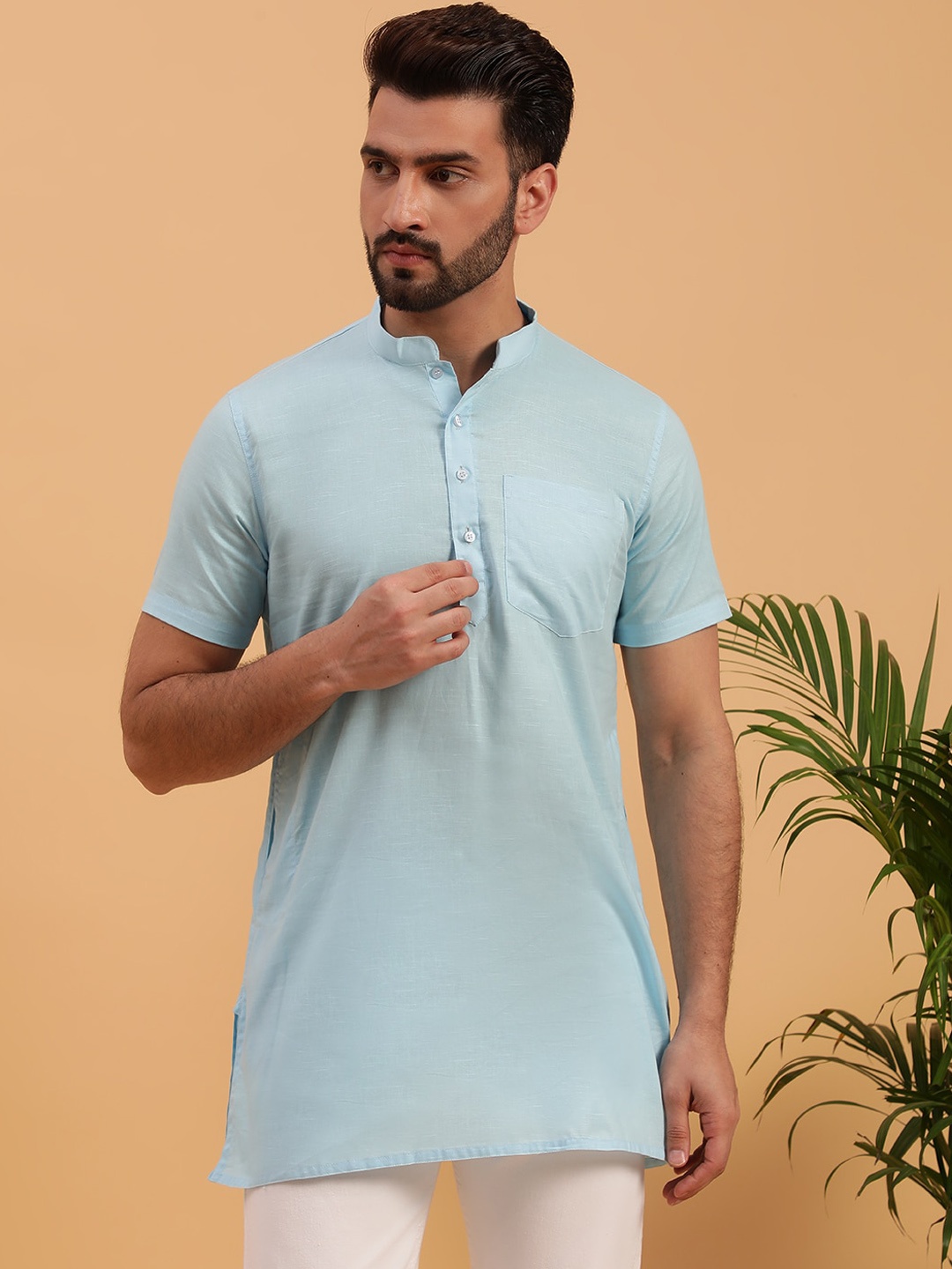 

NAMASKAR Mandarin Collar Pure Cotton Kurta, Blue