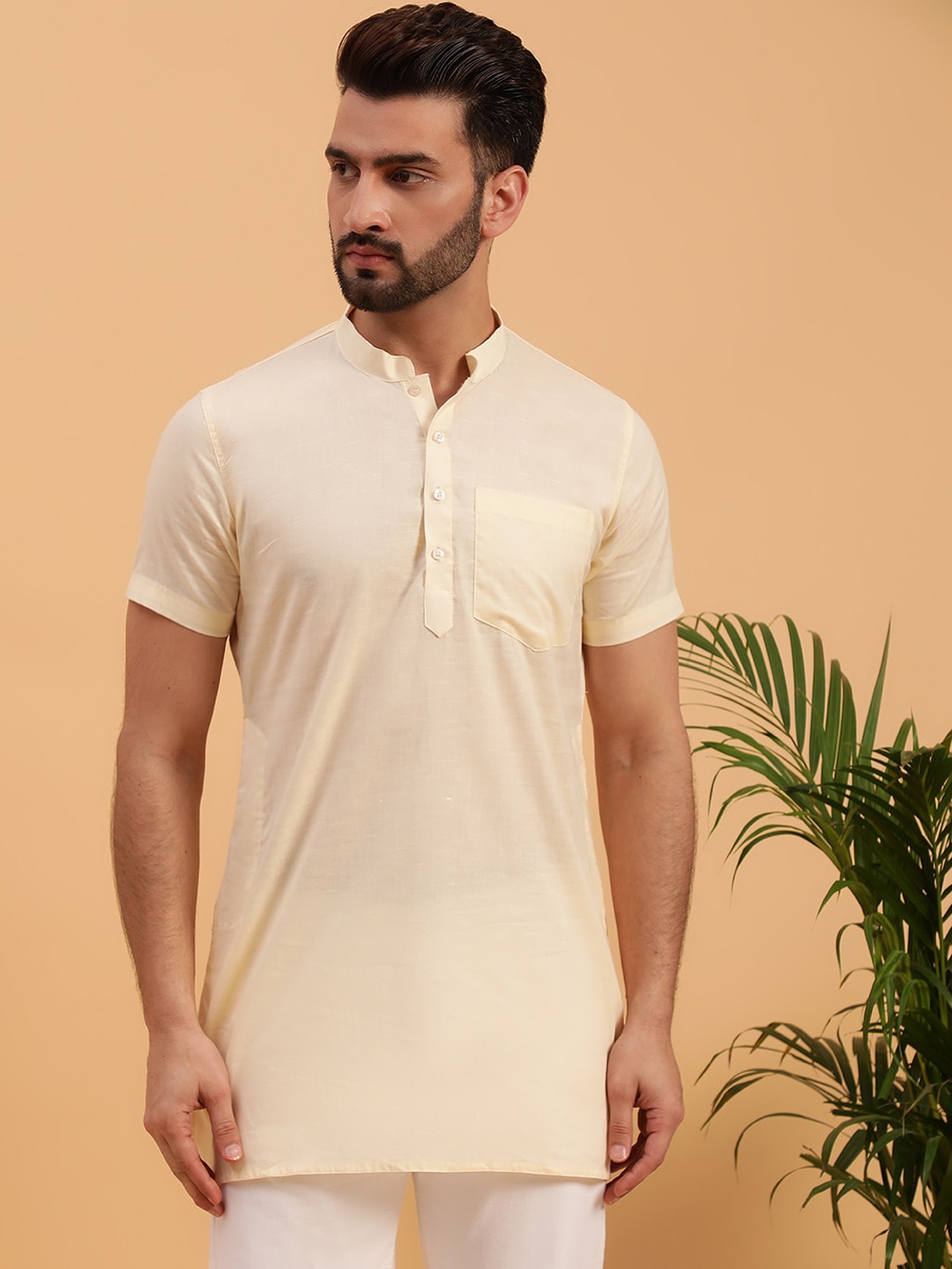

NAMASKAR Patch Pocket Mandarin Collar Cotton Kurta, Cream