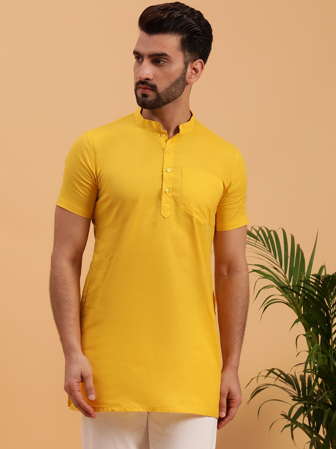 

NAMASKAR Mandarin Collar Pure Cotton Kurta, Yellow