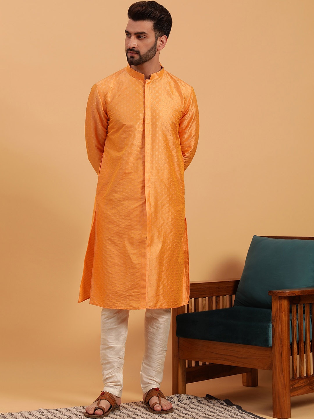 

NAMASKAR Ethnic Motifs Woven Design Mandarin Collar Silk Straight Regular Kurta, Orange