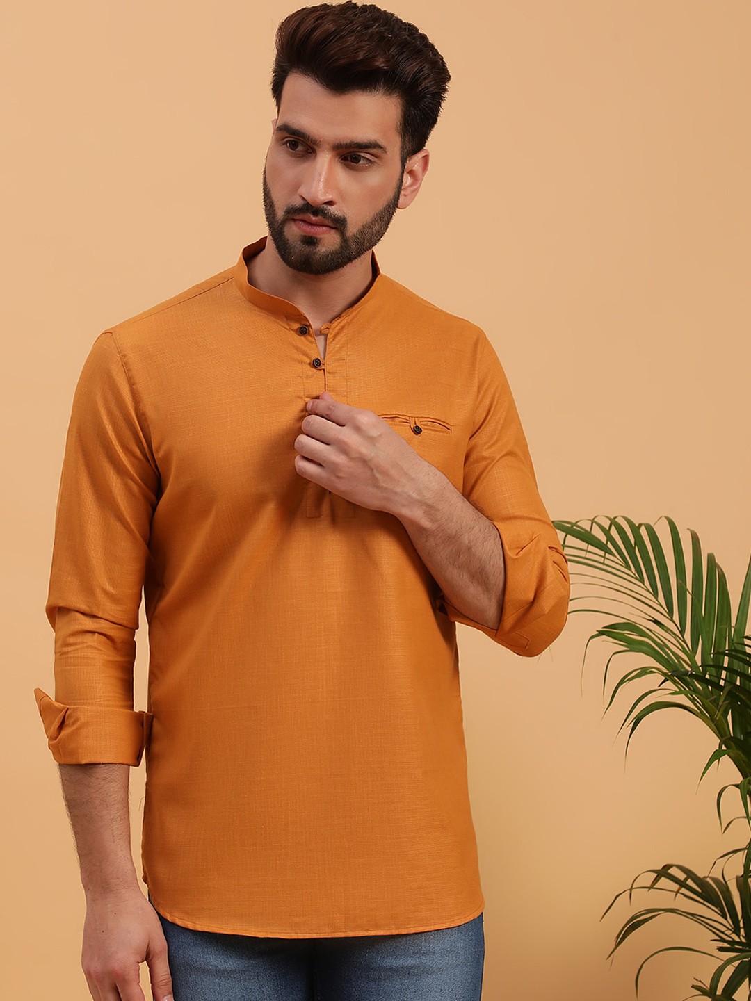 

NAMASKAR Mandarin Collar Cotton Straight Short Kurta, Mustard