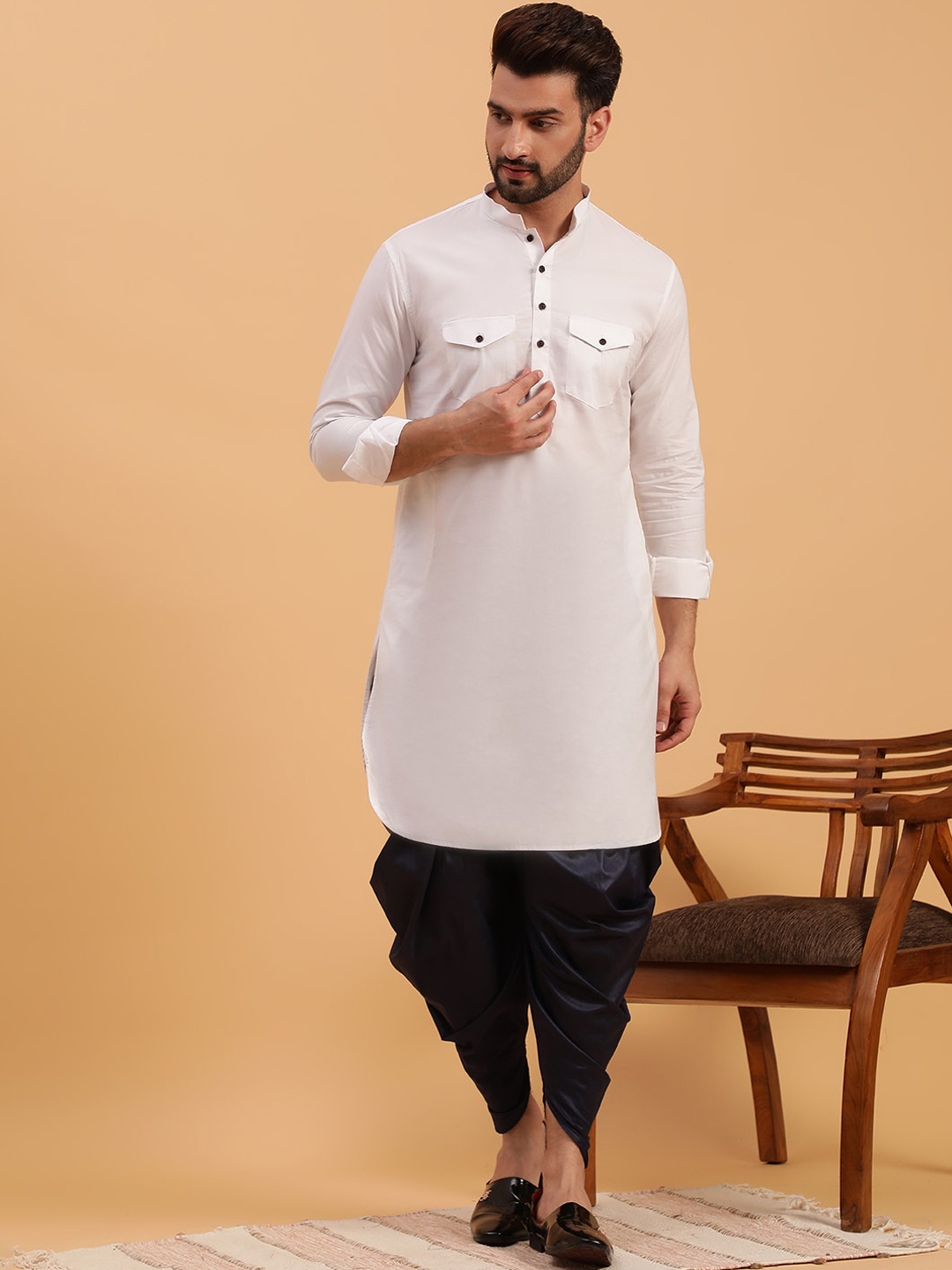 

NAMASKAR Mandarin Collar Roll-Up Sleeves Cotton Pathani Kurta, White