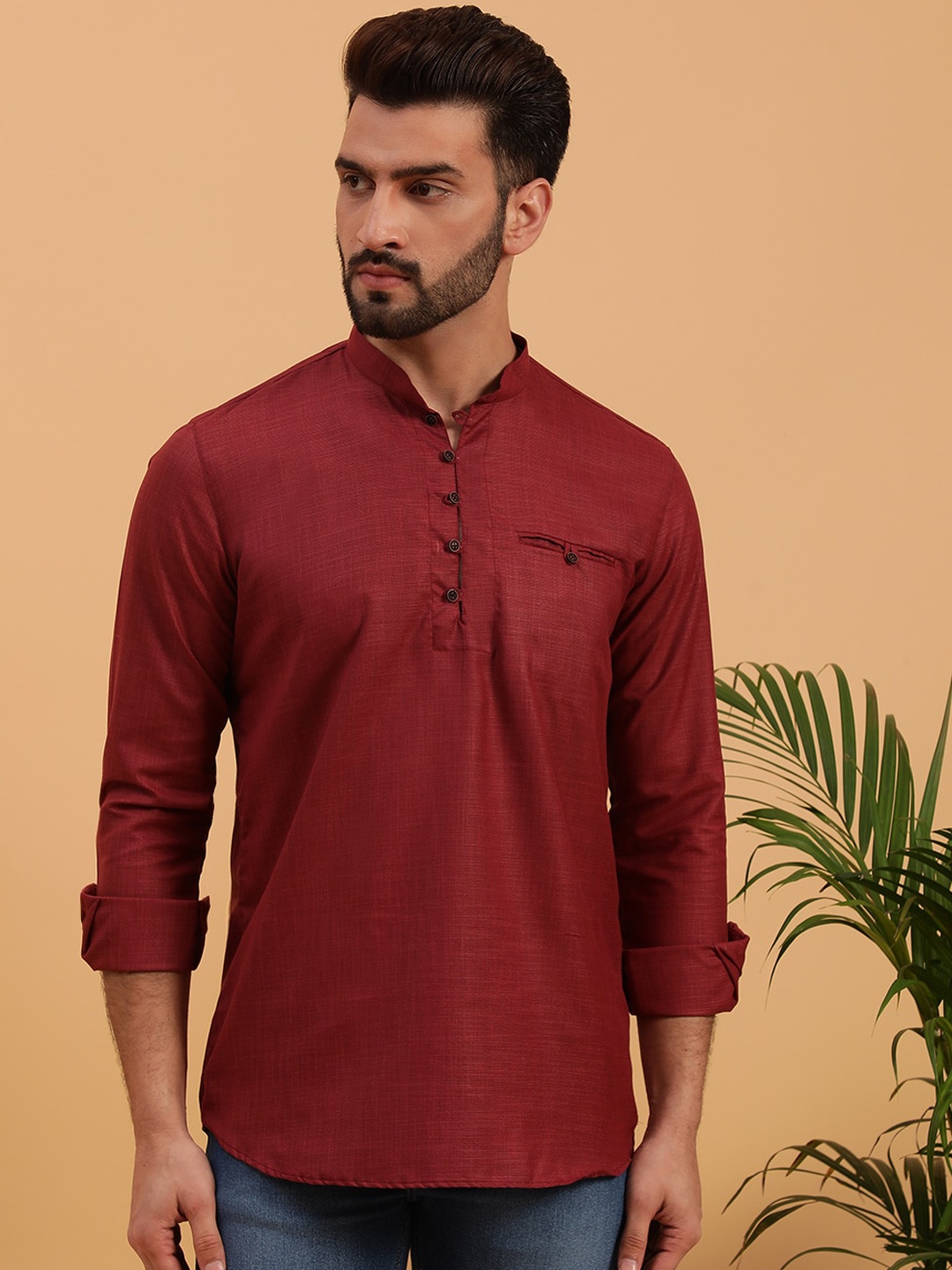 

NAMASKAR Mandarin Collar Cotton Straight Short Kurta, Maroon
