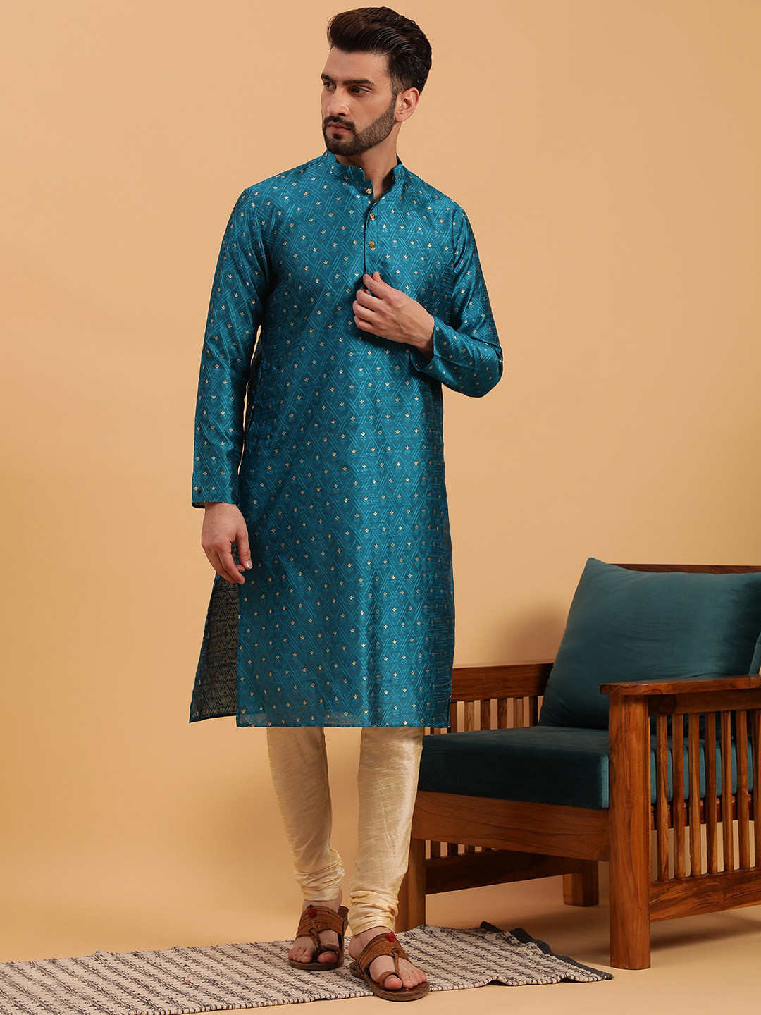 

NAMASKAR Ethnic Motifs Woven Design Mandarin Collar Silk Kurta, Turquoise blue
