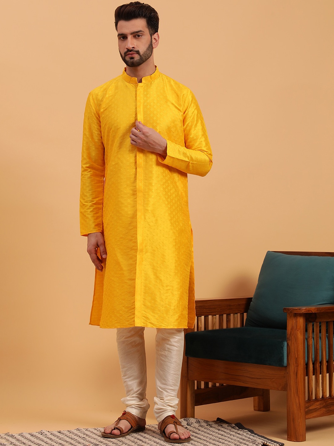 

NAMASKAR Ethnic Motifs Woven Design Mandarin Collar Silk Kurta, Yellow