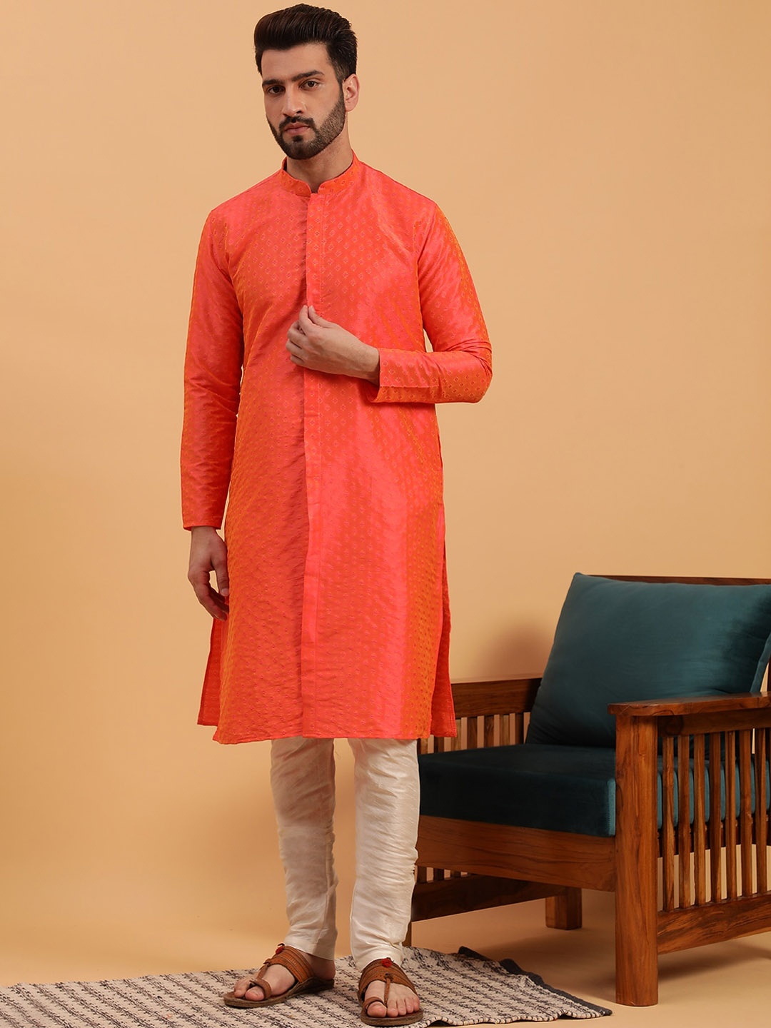 

NAMASKAR Ethnic Motifs Woven Design Mandarin Collar Silk Straight Kurta, Orange