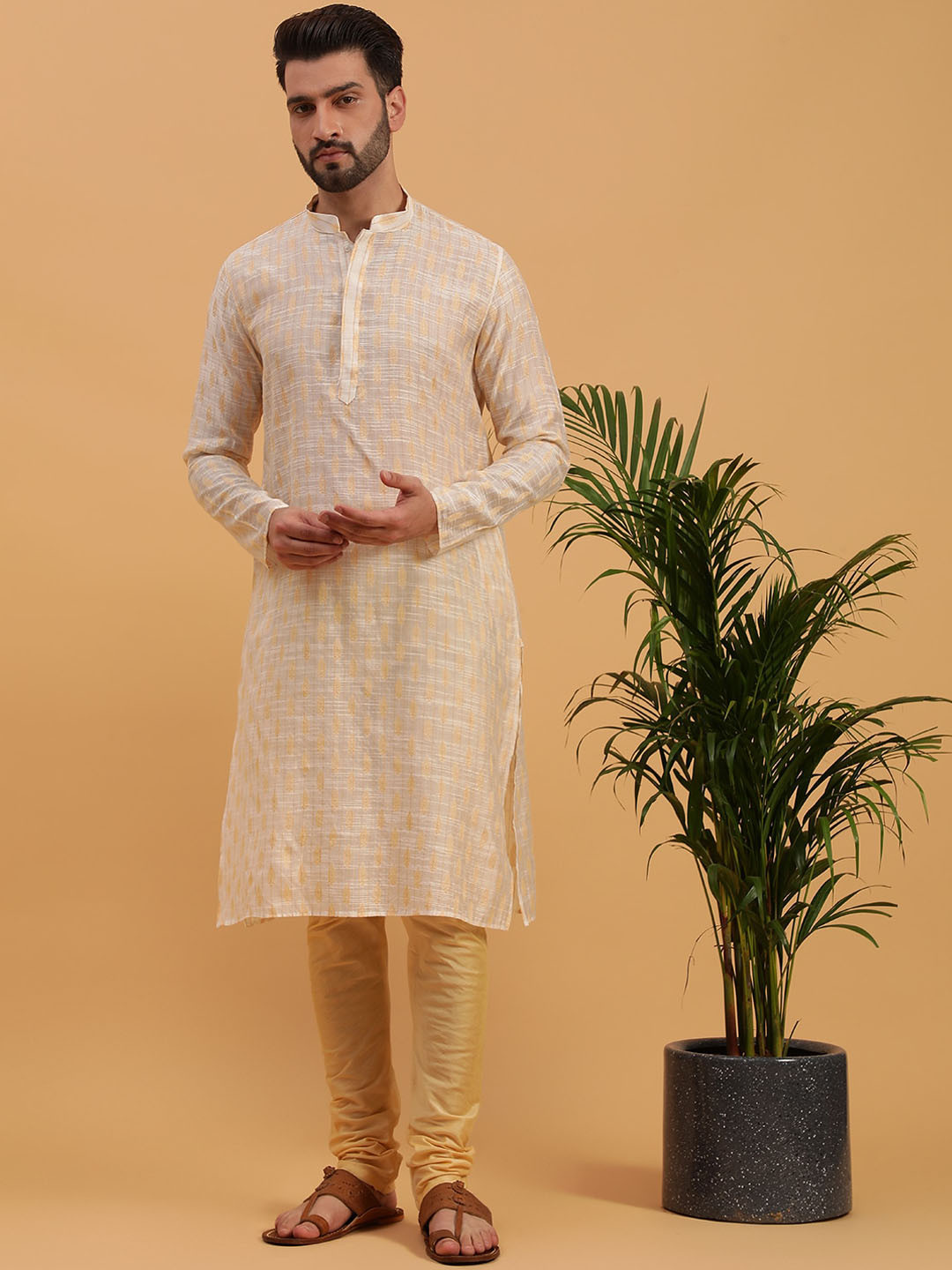 

NAMASKAR Ethnic Motifs Woven Design Mandarin Collar Silk Straight Kurta, Cream