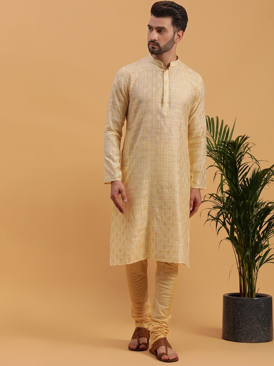 

NAMASKAR Ethnic Motifs Woven Design Jacquard Kurta, Cream