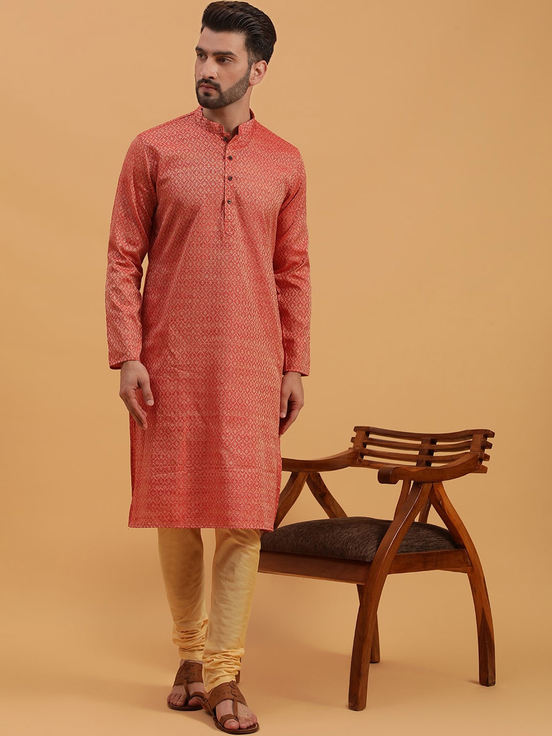 

NAMASKAR Ethnic Motifs Woven Design Mandarin Collar Silk Straight Kurta, Red