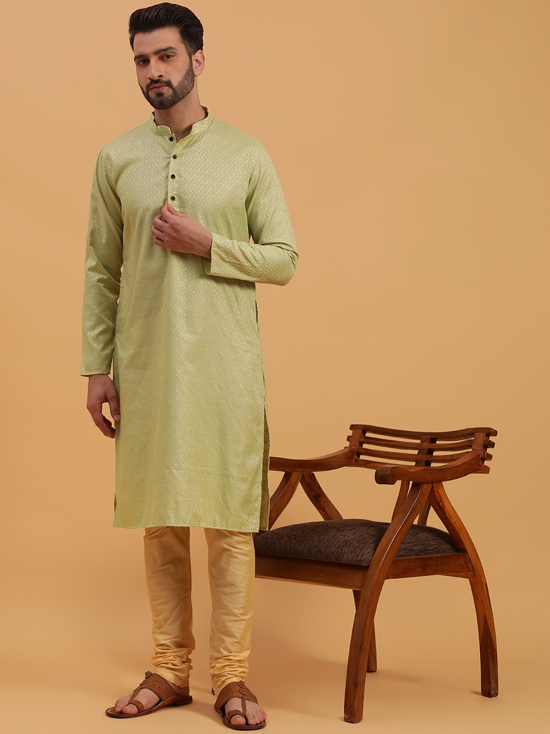 

NAMASKAR Ethnic Motifs Woven Design Mandarin Collar Silk Straight Kurta, Sea green