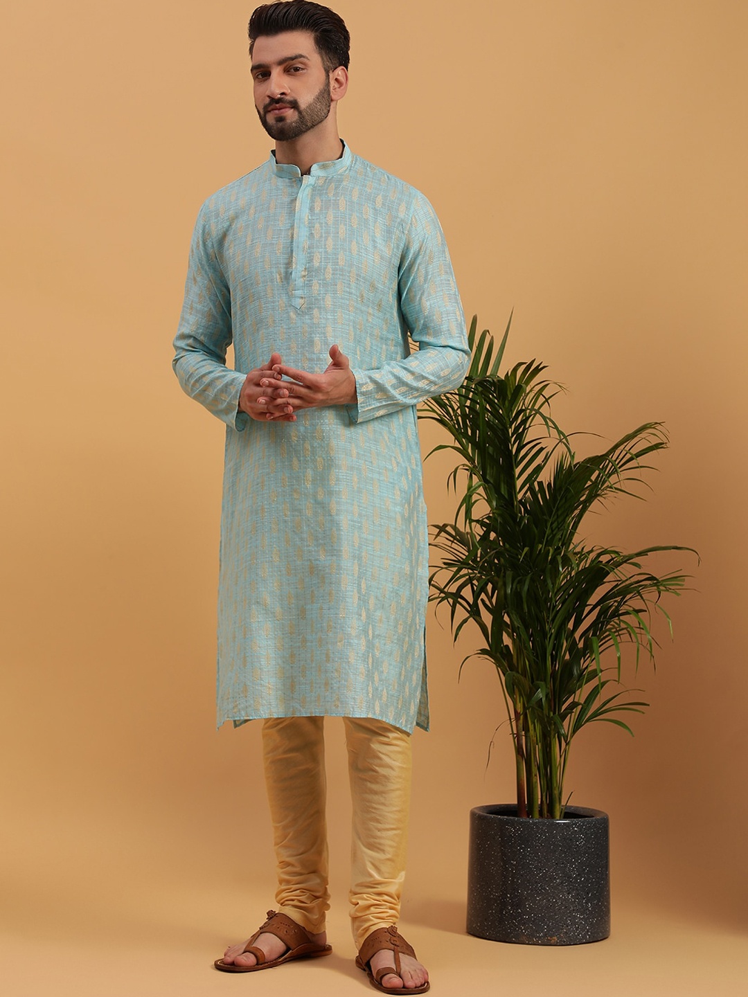 

NAMASKAR Ethnic Motifs Woven Design Mandarin Collar Jacquard Straight Kurta, Blue