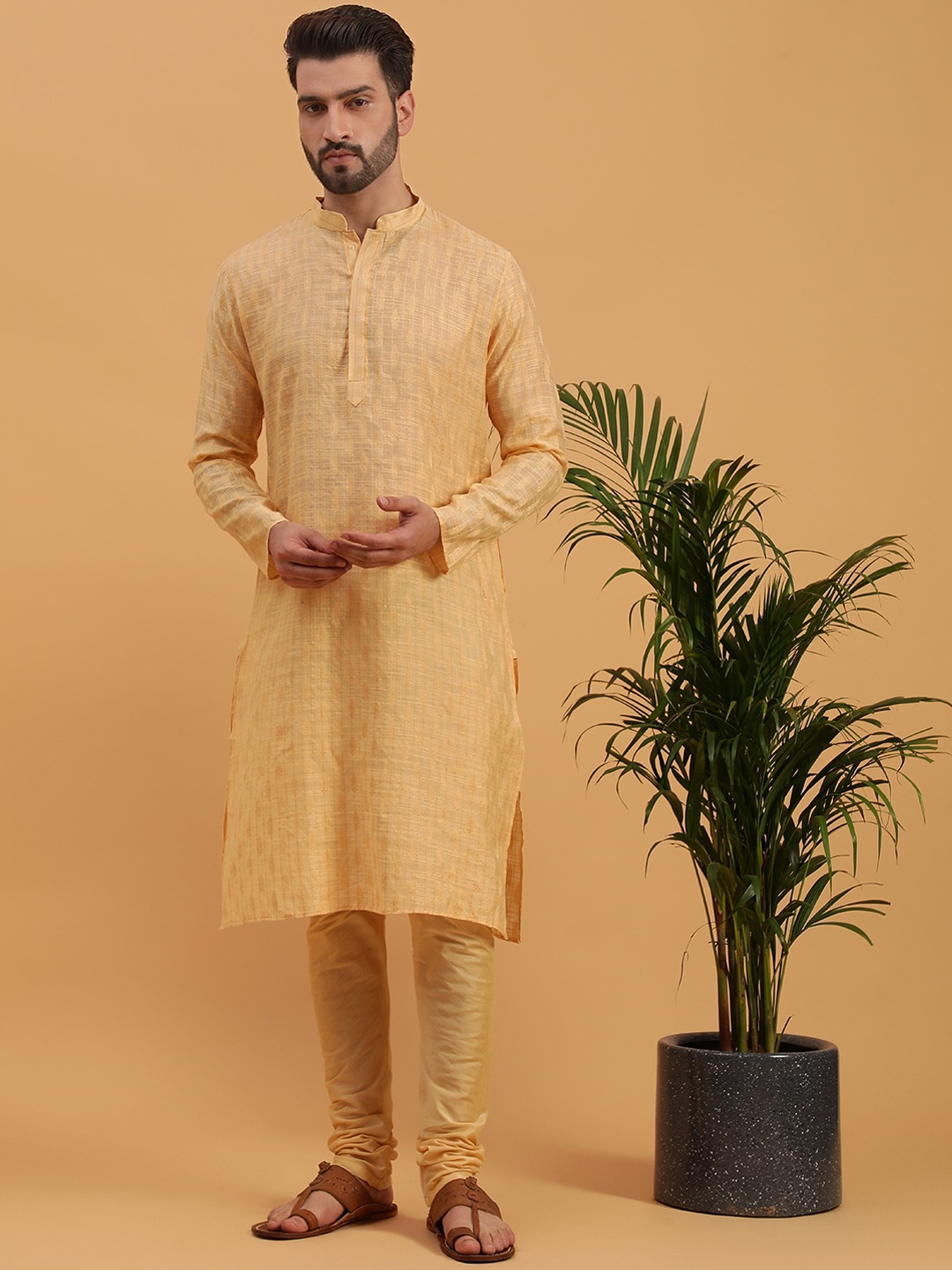 

NAMASKAR Ethnic Motifs Woven Design Mandarin Collar Jacquard Straight Kurta, Yellow