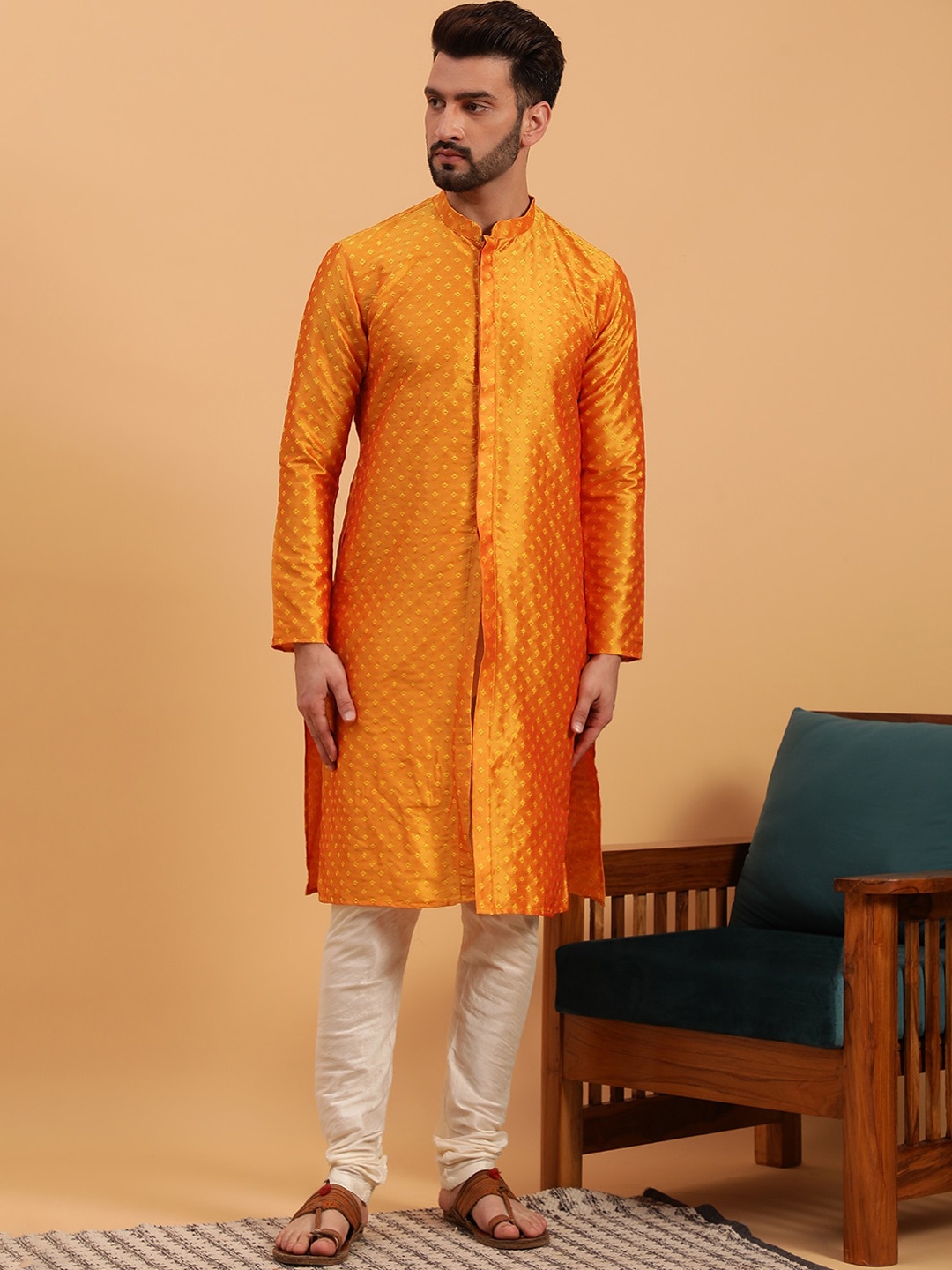 

NAMASKAR Ethnic Motifs Woven Design Silk Straight Kurta, Mustard