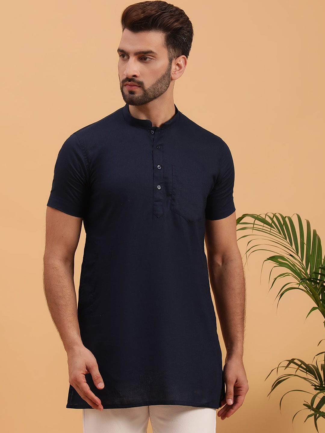 

NAMASKAR Mandarin Collar Cotton Straight Regular Kurta, Navy blue