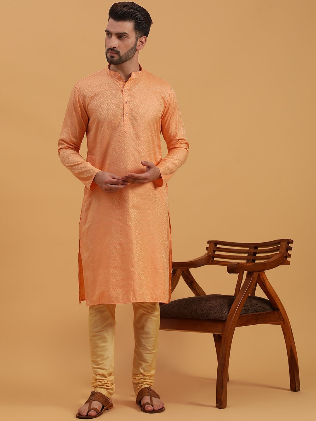 

NAMASKAR Ethnic Motifs Woven Design Silk Straight Kurta, Peach