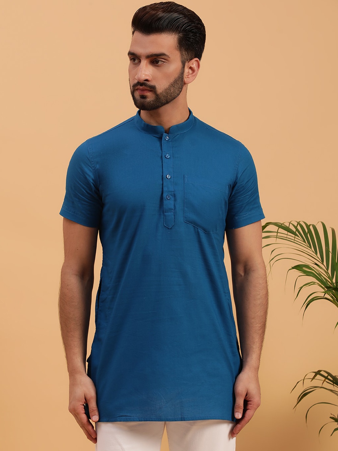 

NAMASKAR Men Mandarin Collar Cotton Short Kurta, Navy blue