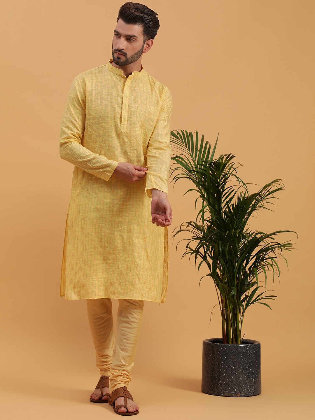 

NAMASKAR Ethnic Motifs Woven Design Jacquard Straight Kurta, Yellow