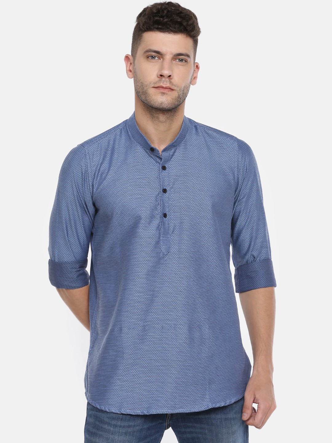 

Cross Court Geometric Woven design Band Collar Pure Cotton Kurta, Blue