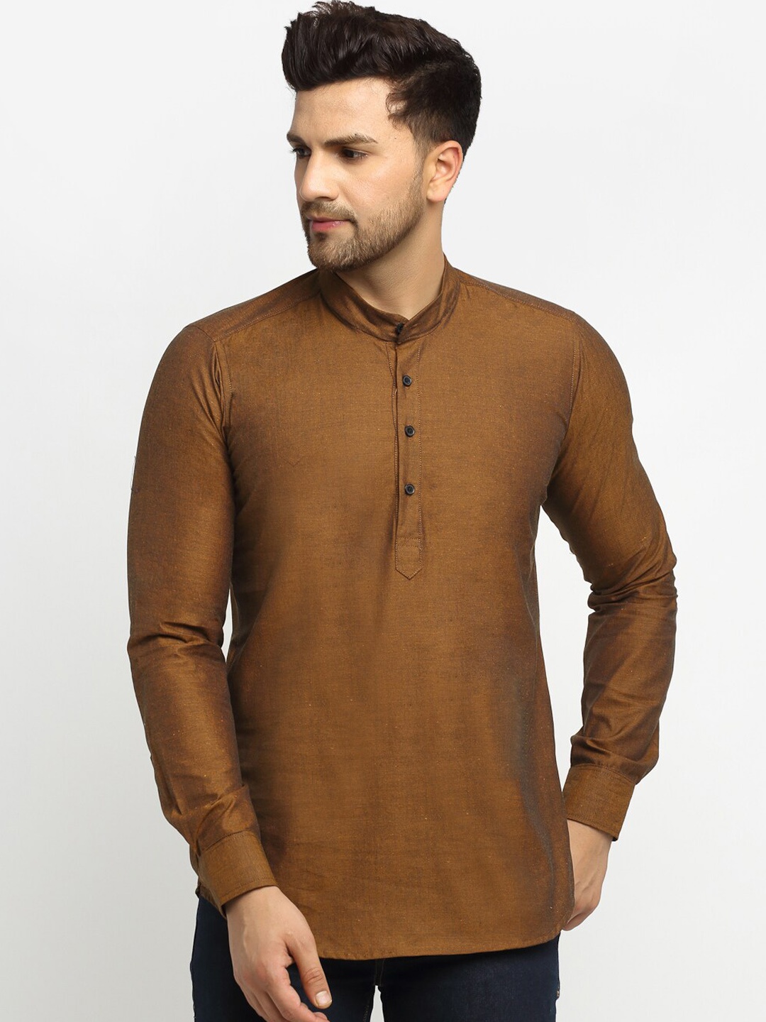 

Cross Court Mandarin Collar Straight Cotton Kurta, Brown