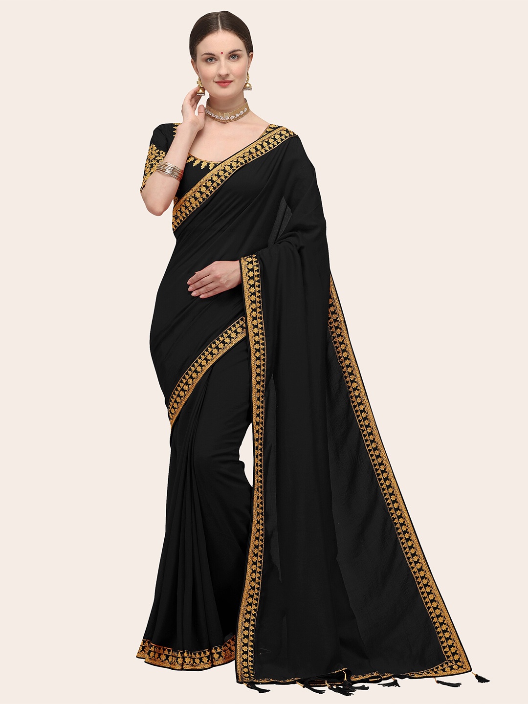

ORUS Embroidered Border Silk Blend Saree, Black