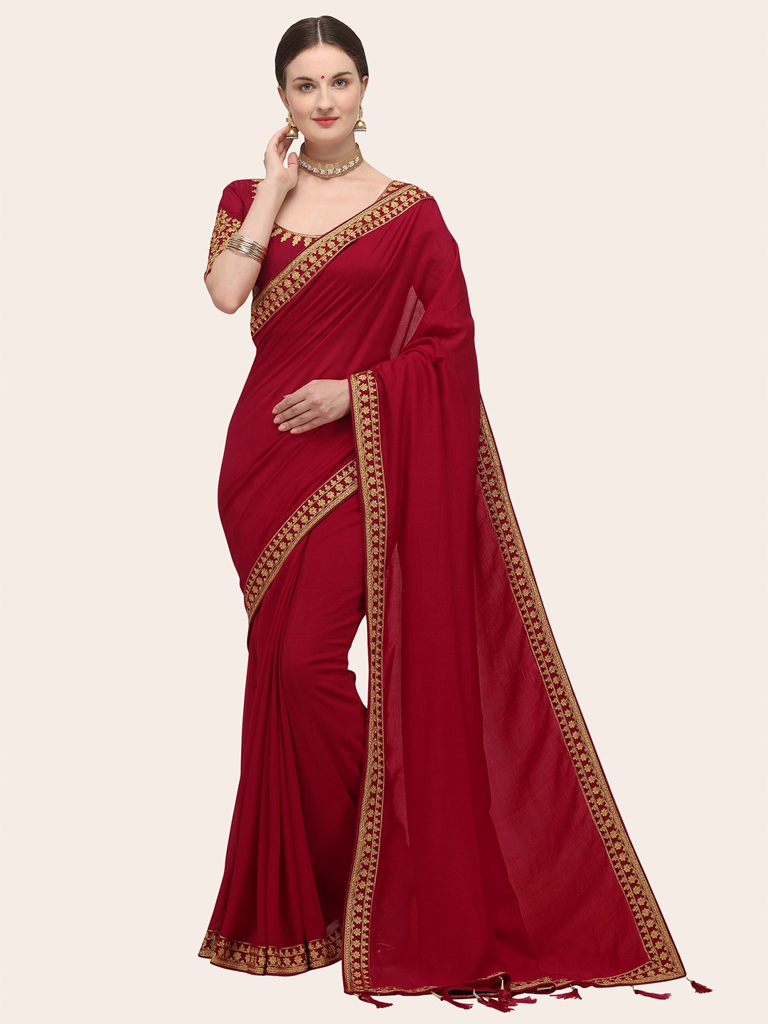 

ORUS Embroidered Border Silk Blend Saree, Maroon