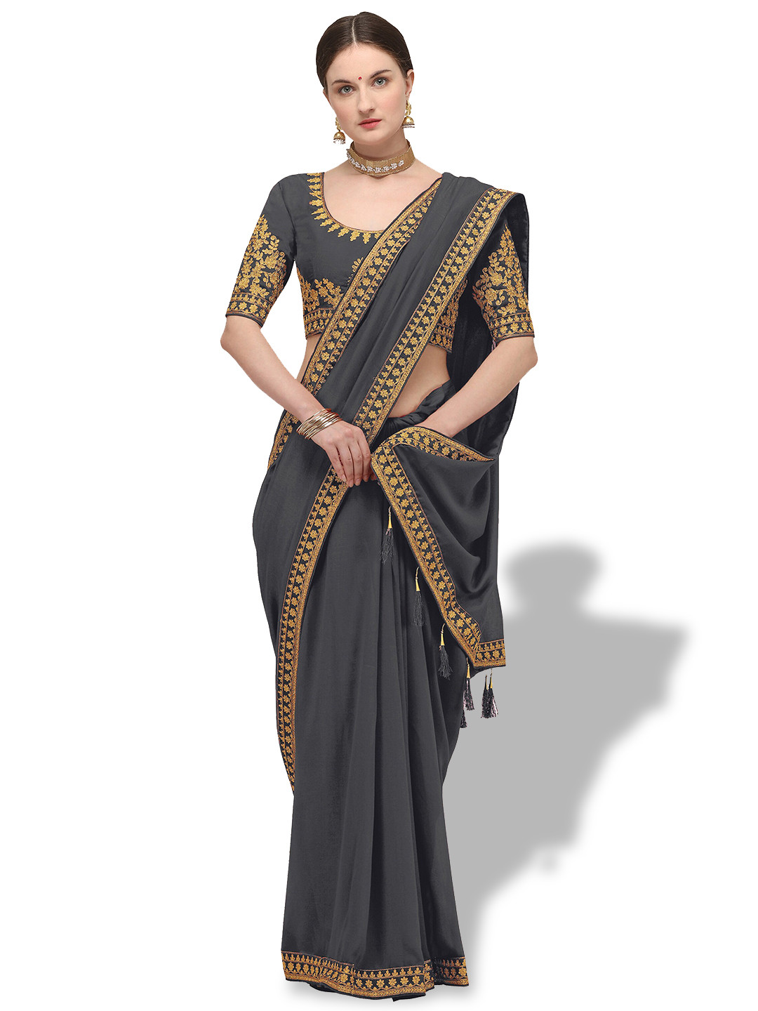 

ORUS Embroidered Silk Blend Saree, Grey