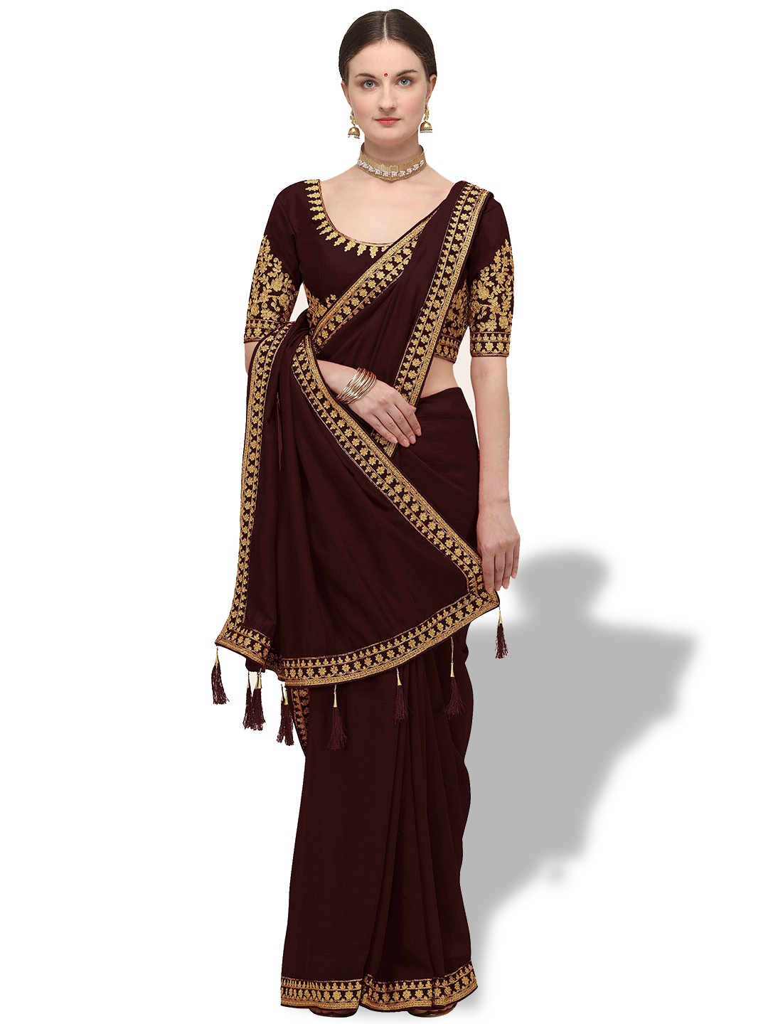 

ORUS Embroidered Border Silk Blend Saree, Coffee brown