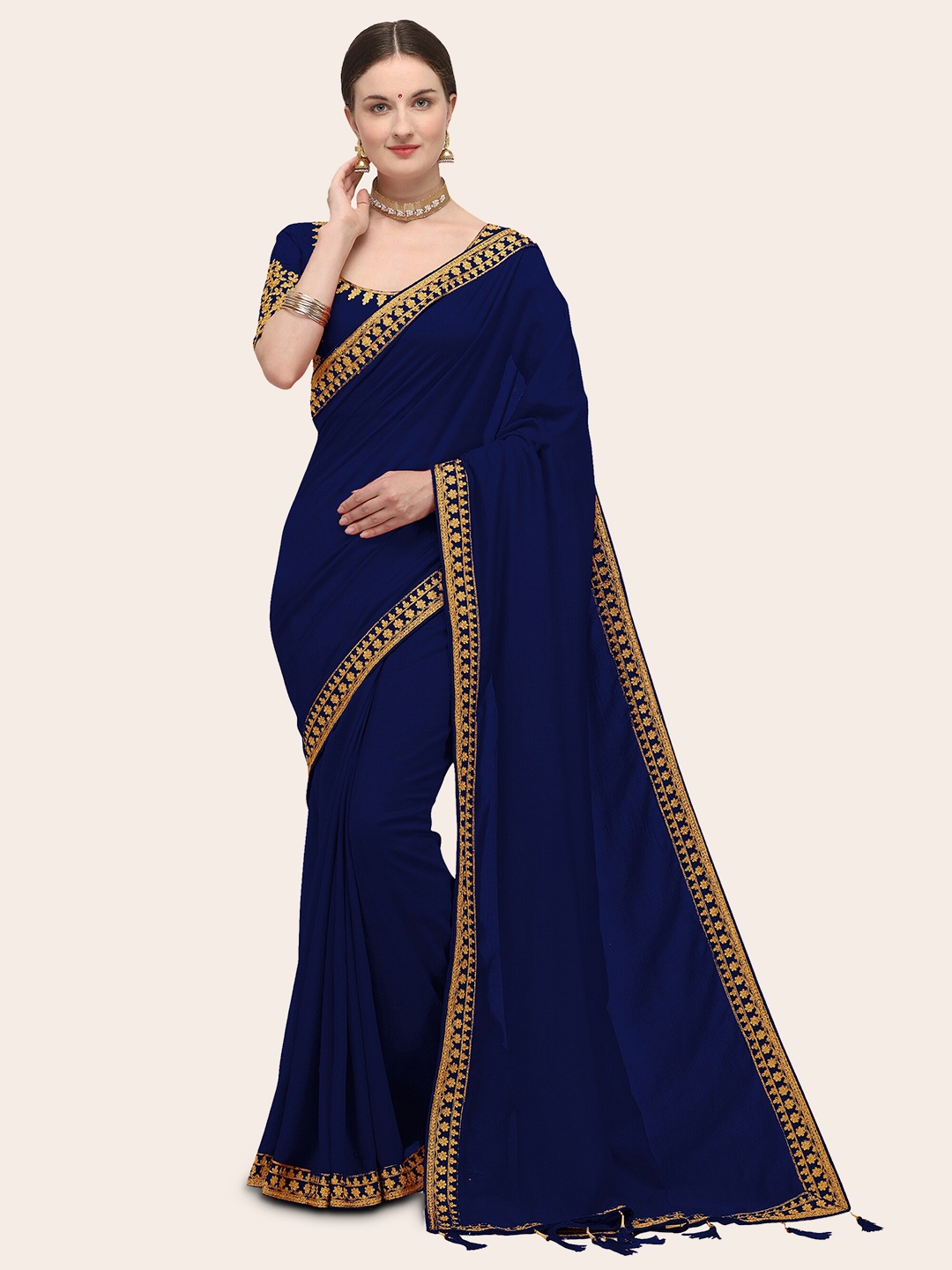

ORUS Embroidered Border Silk Blend Saree, Navy blue